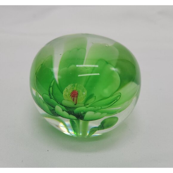 Handcrafted Green Floral Glass Paperweight Vintage Desk Decor - Picture 7 of 13